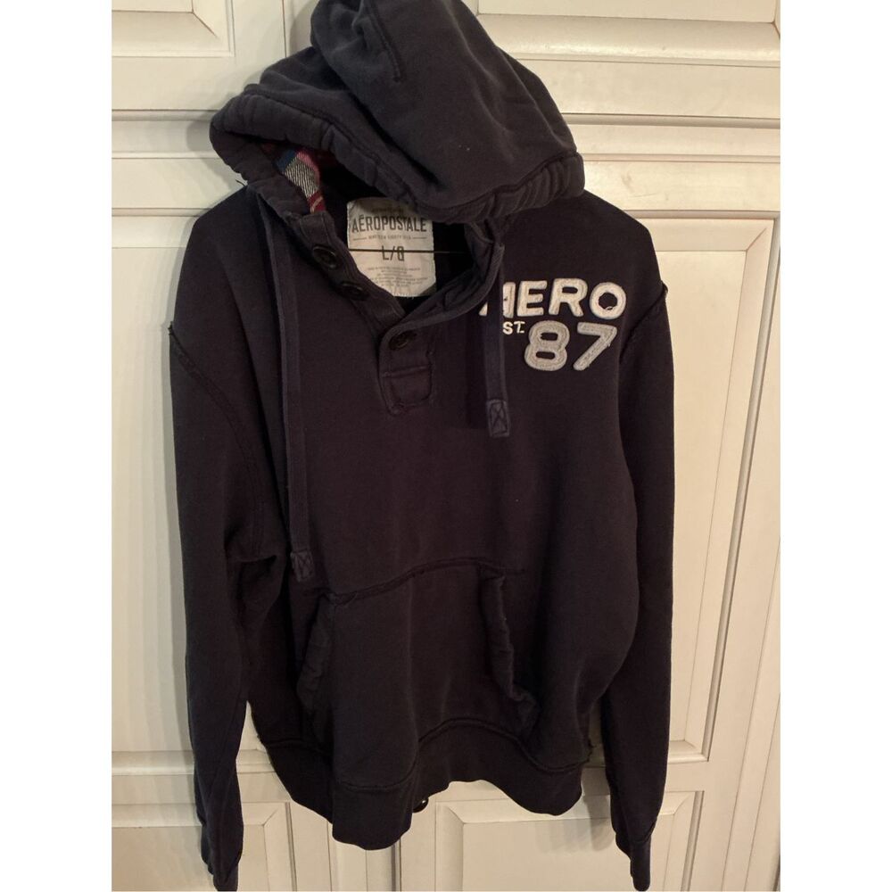 Aeropostale Navy Henley Plaid Hoodie Sz L Y2K Unisex